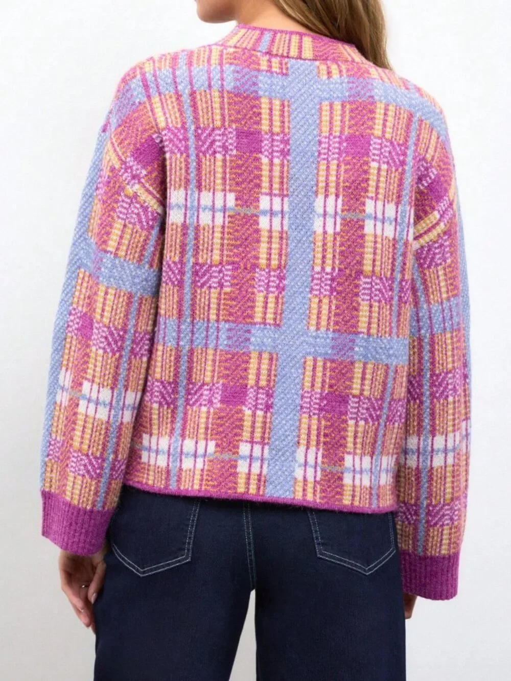 Red Violet Casual Women's Brushed Plaid Knit Sweater With Crew Neck